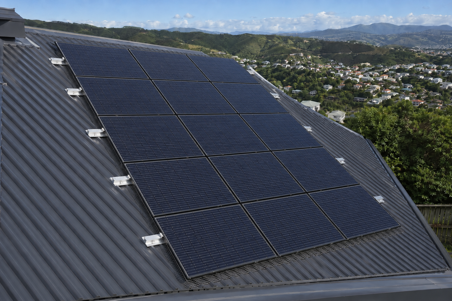 Solar panels installed on a steep hillside roof in Brooklyn, Wellington