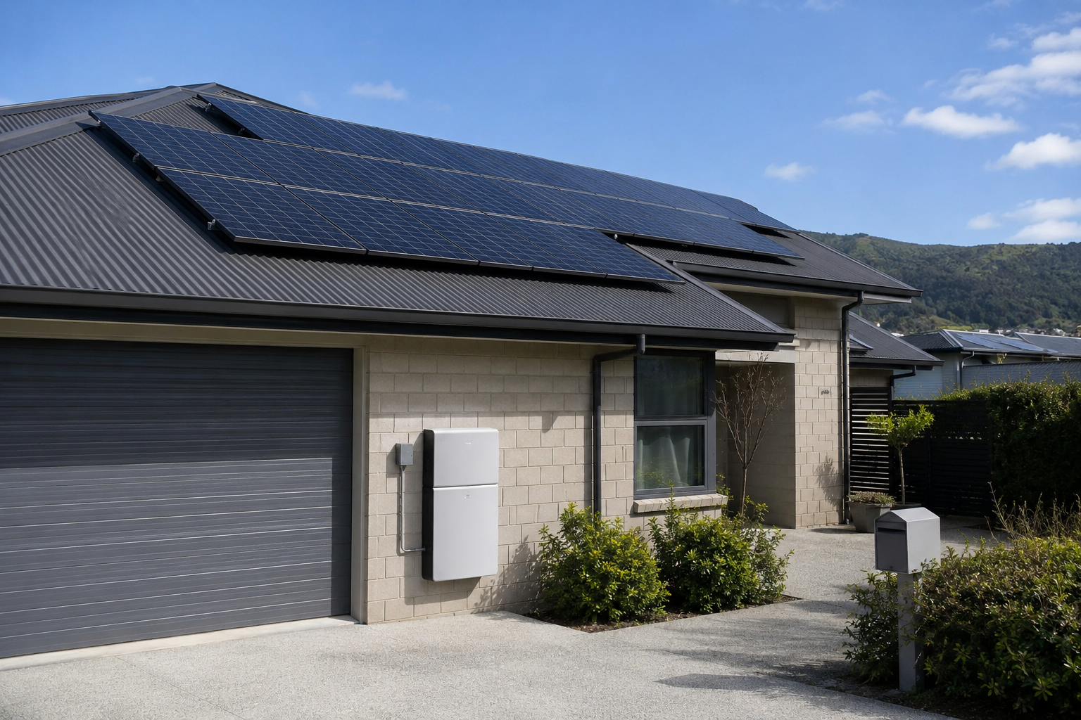 Solar panels and home battery storage installed on a house in Whitby, Porirua