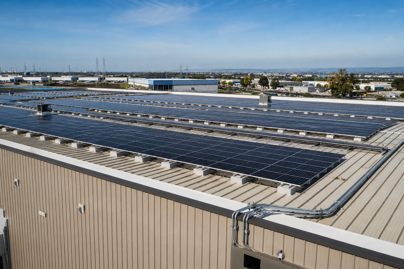 Solar panel array on a commercial warehouse rooftop
