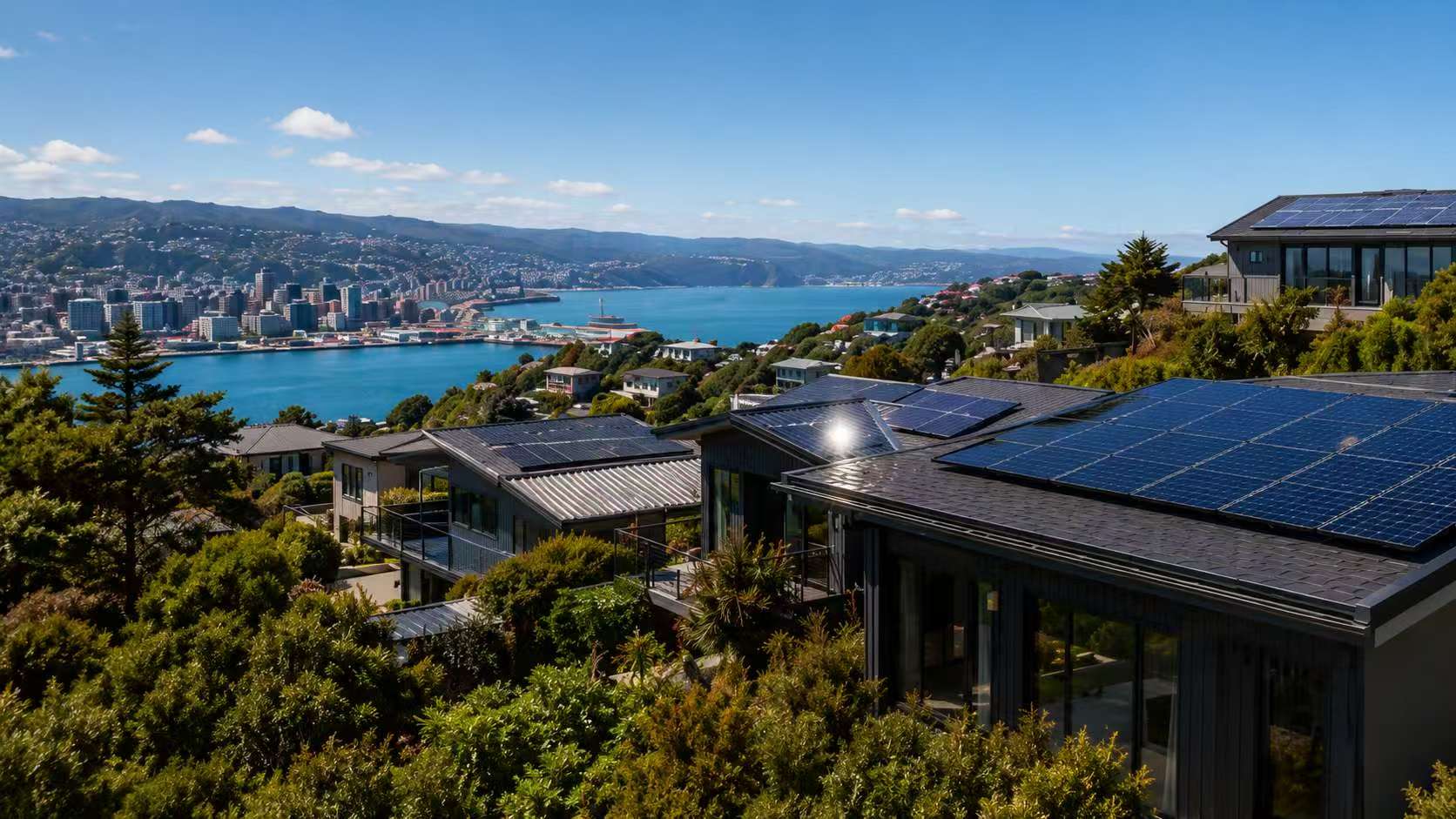 Solar panels on a Wellington hillside home overlooking the harbour