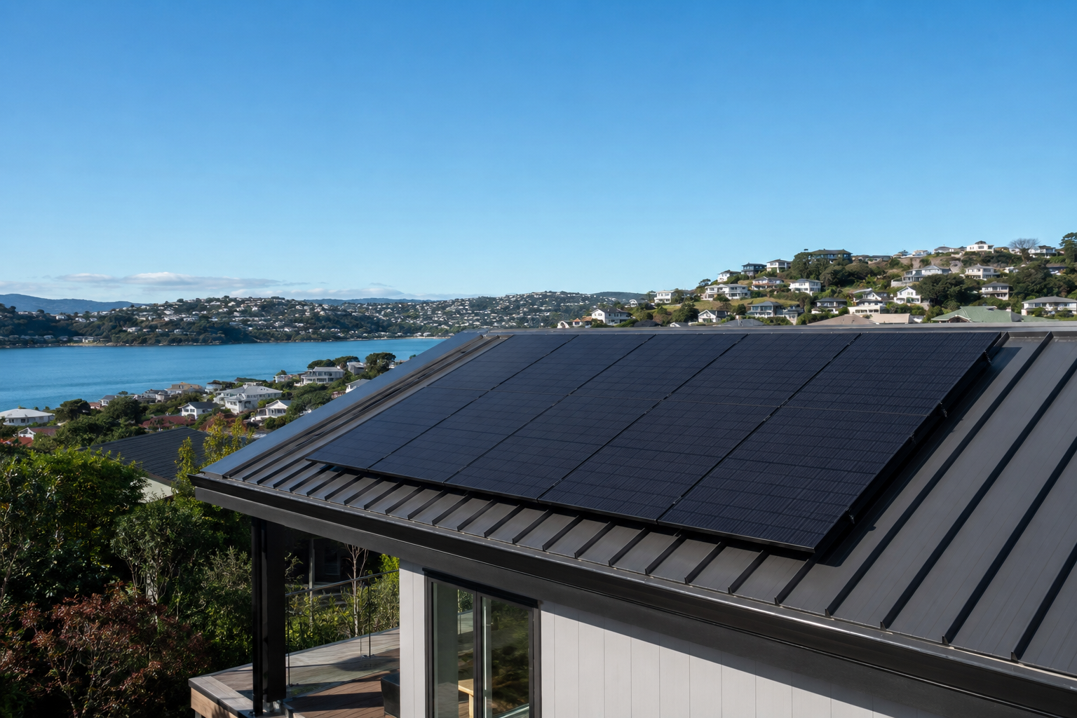 Solar panels installed on a Wellington residential roof overlooking the harbour